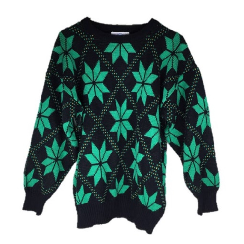 Vintage 80s Green Snowflake Sweater Holiday M